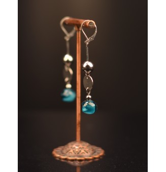 Boucles d'oreilles "bleu pétrole"  perles de verre filé, en acier inoxydable