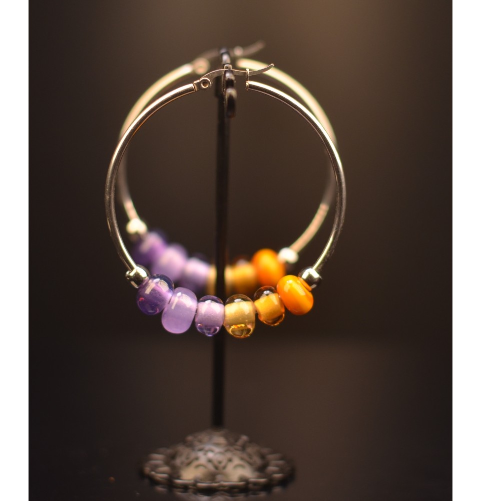 Créoles 5 cm en Acier Inoxydable avec perles de verre jaune violet