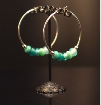 Créoles 5 cm en Acier Inoxydable avec perles de verre VERTES