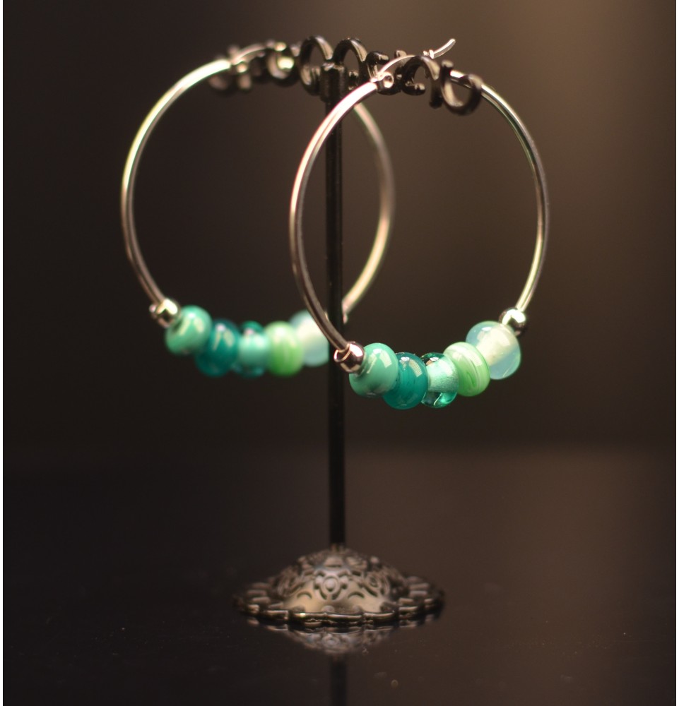 Créoles 5 cm en Acier Inoxydable avec perles de verre VERTES