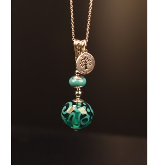 collier avec perles de verre 70 cm "VERT CANARD"
