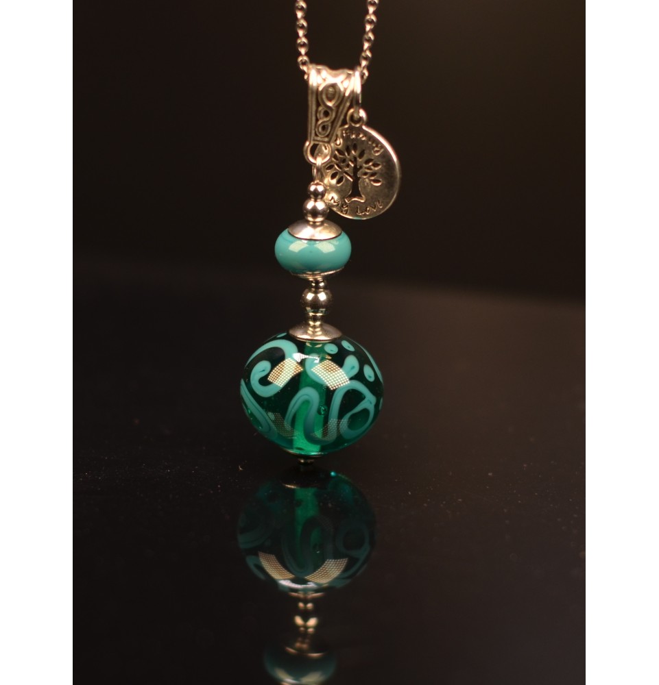 collier avec perles de verre 70 cm "VERT CANARD"
