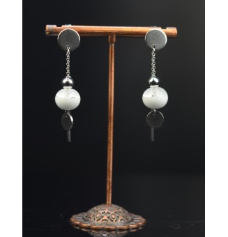 Boucles d'oreilles "blanc et  transparent" double pendants en  acier inoxydable avec perles de verre