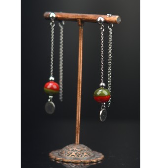 Boucles d'oreilles "rouge kaki" double pendants en  acier inoxydable avec perles de verre