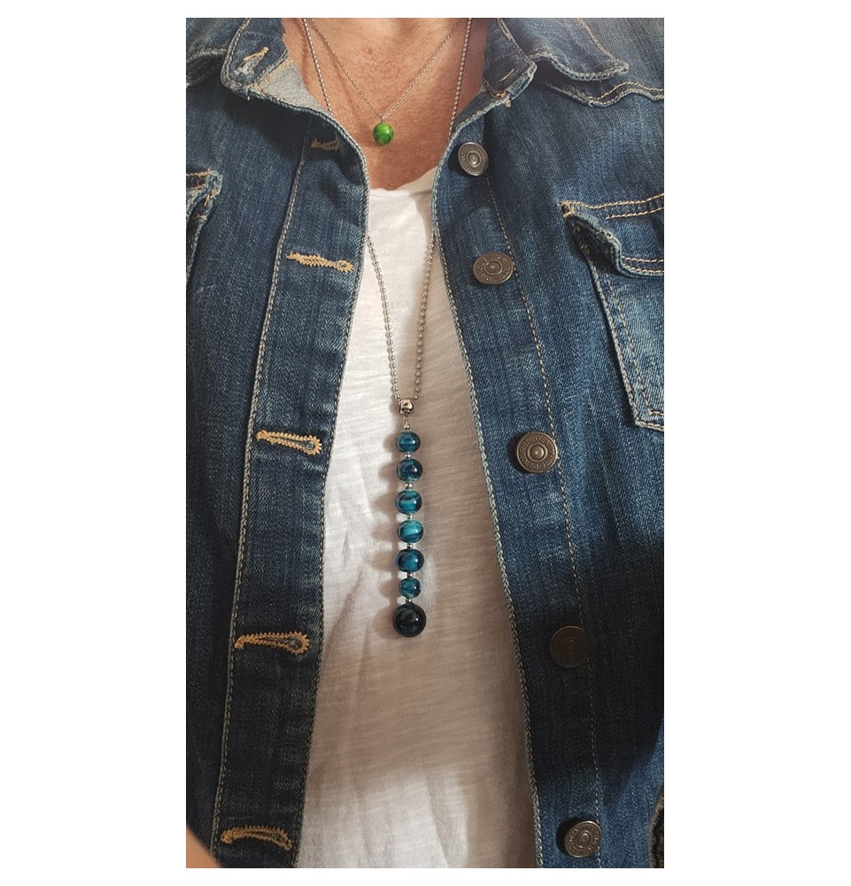 collier avec pendentif interchangeable "BLEU PETROLE"  perles de verre 74 cm