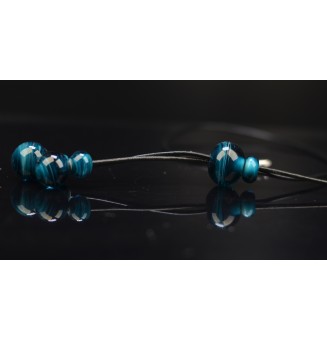collier avec perles de verre BLEU PETROLE  60 cm et cuir noir