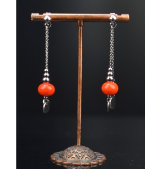 Boucles d'oreilles "orange" double pendants en  acier inoxydable avec perles de verre