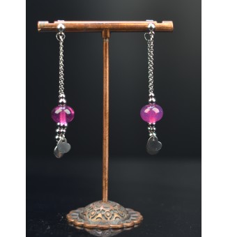 Boucles d'oreilles "violet rosé " double pendants en  acier inoxydable avec perles de verre
