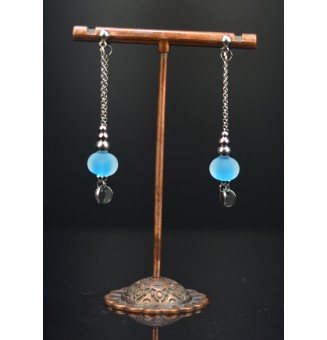 Boucles d'oreilles "turquoise givré" double pendants en  acier inoxydable avec perles de verre