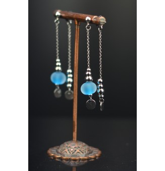 Boucles d'oreilles "turquoise givré" double pendants en  acier inoxydable avec perles de verre