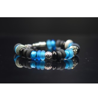Bracelet en perles de verre "noir et turquoise" CUIR Noir (pour poignet 17.5 à 19 cm)