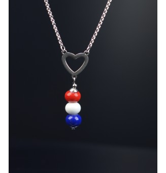 collier bleu blanc rouge  avec perles de verre 45 cm+ 3 cm