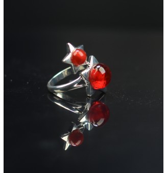 Bague étoile 2 perles de verre "rouge rubis" plaqué argent
