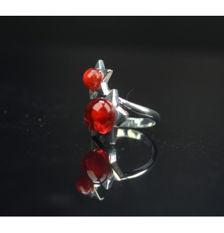 Bague étoile 2 perles de verre "rouge rubis" plaqué argent