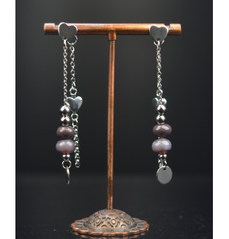 Boucles d'oreilles "violet nacré" double pendants en  acier inoxydable avec perles de verre