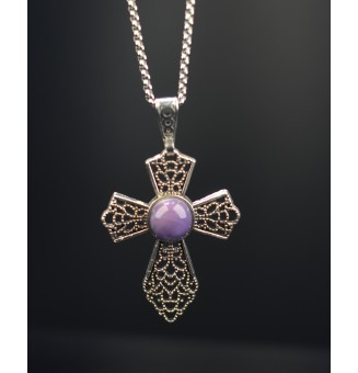 collier croix 45 + 3 cm "violet" perles de verre filé au chalumeau