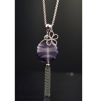collier "violet" avec perles de verre 70 cm+ 3 cm perle plate