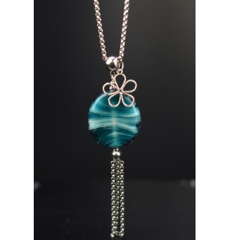 collier "bleu pétrole" avec perles de verre 70 cm+ 3 cm perle plate