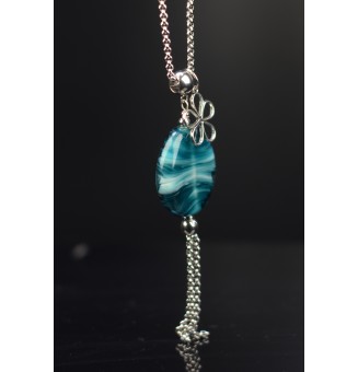 collier "bleu pétrole" avec perles de verre 70 cm+ 3 cm perle plate